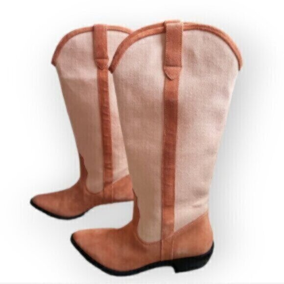 Urban Outfitters Suede Linen Canvas Leslie Tall Cowboy Boot Pink Peach … - Picture 7 of 12